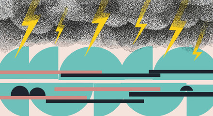 Obraz premium Stylized illustration of a stormy sky with dark clouds and yellow lightning bolts over a teal and pink abstract landscape.