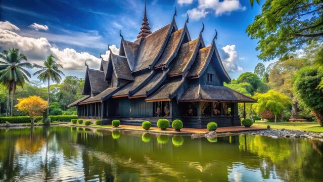 Baan dam museum black house one of the famous place and landmark in chiang rai thailand copy space
