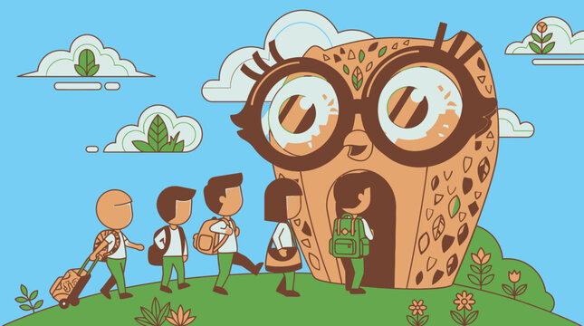 Illustrazione vettoriale di un gruppo di bambini con zaini che entrano in una scuola a forma di gufo gigante in un paesaggio naturale soleggiato, concetto di ritorno a scuola e istruzione.