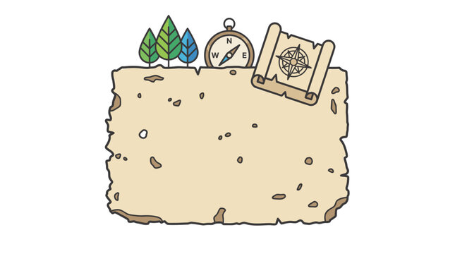 Illustrazione vettoriale di una pergamena antica con spazio per il testo, decorata con alberi stilizzati, una bussola di navigazione e una mappa arrotolata su sfondo bianco isolato.