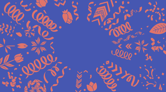 Sfondo festivo con motivi decorativi astratti color corallo su base blu, caratterizzato da elementi grafici a spirale, fiori stilizzati e forme geometriche per design creativi.