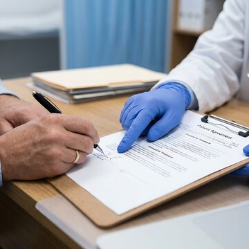 Medical professional pointing at patient consent form for signature with healthcare