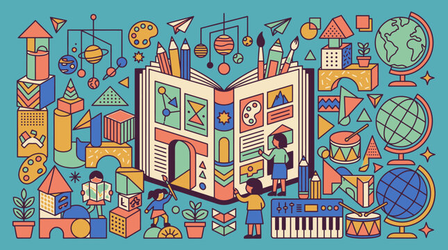 Illustrazione vettoriale piatta che mostra bambini che imparano con libri aperti, mappamondi, strumenti musicali e blocchi di costruzione in un ambiente scolastico creativo e colorato.
