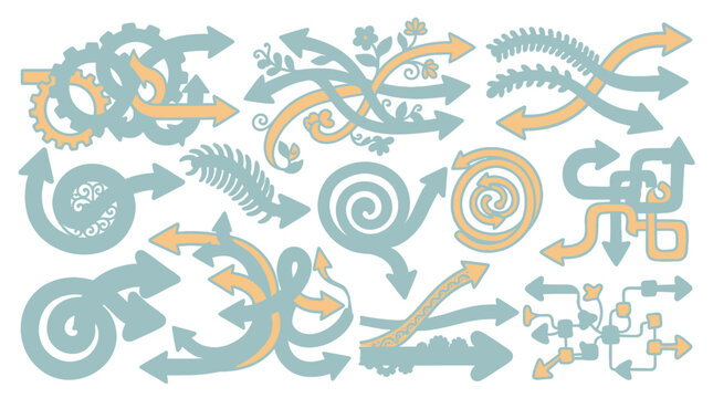 Set di frecce decorative vettoriali con stili artistici vari, inclusi motivi floreali, ingranaggi meccanici, spirali e percorsi intrecciati su sfondo bianco per design grafico creativo.