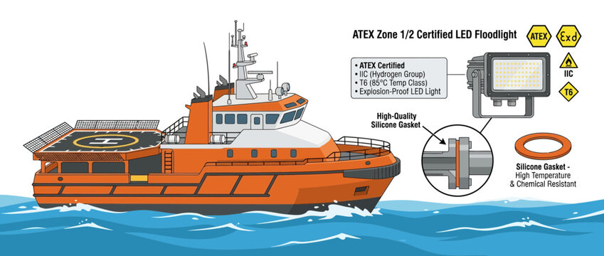 ATEX Certified LED Floodlight on Offshore Supply Vessel with Helideck