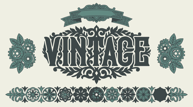 Un set di elementi grafici decorativi in stile vintage con scritte ornamentali, motivi floreali, nastri e bordi geometrici eleganti su uno sfondo color crema chiaro.