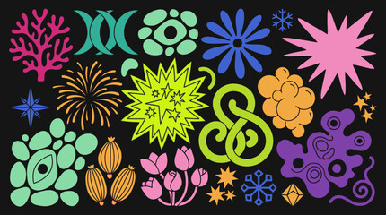 Fototapeta premium Zestaw kolorowych, abstrakcyjnych kształtów i symboli w stylu doodle na czarnym tle, zawierający kwiaty, gwiazdy, koralowce oraz geometryczne wzory w żywej palecie barw.