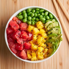 Fototapeta premium Colorful Poke Bowl with Tuna Mango and Avocado Overhead