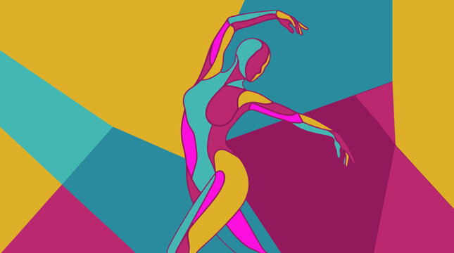 Artystyczna ilustracja przedstawiająca sylwetkę tancerki w dynamicznej pozie na tle geometrycznych kształt&oacute;w w żywych kolorach r&oacute;żu, ż&oacute;łci i turkusu, tworząca nowoczesny wz&oacute;r graficzny.