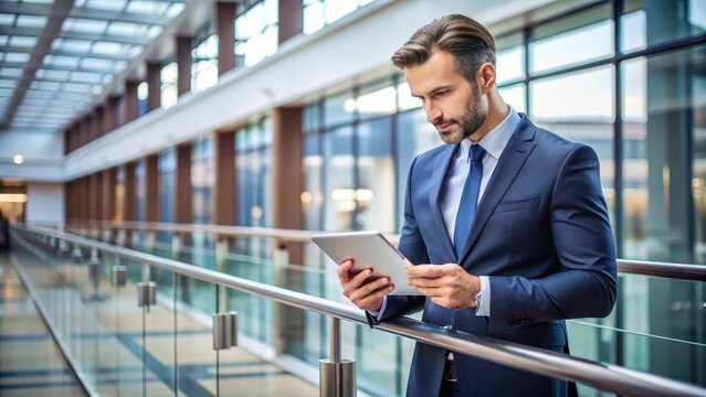 Businessman using tablet computer leaning on railing in corridor