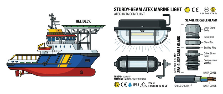 Offshore Supply Vessel with Helideck and ATEX Marine Light Components Illustration