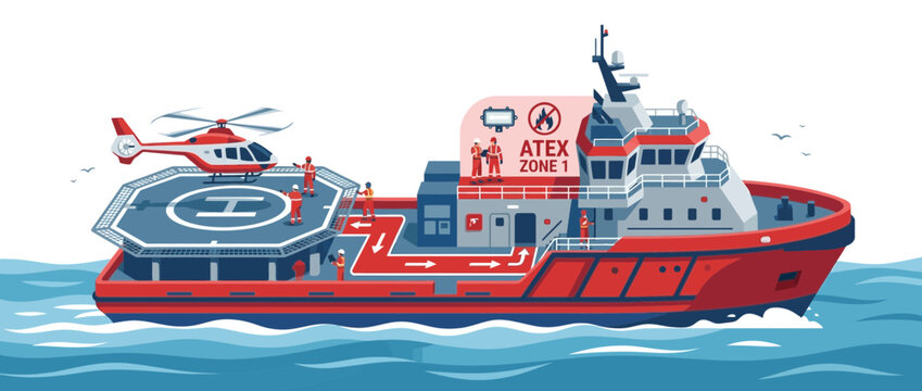 Offshore Supply Vessel with Helicopter and ATEX Zone 1 Safety Markings