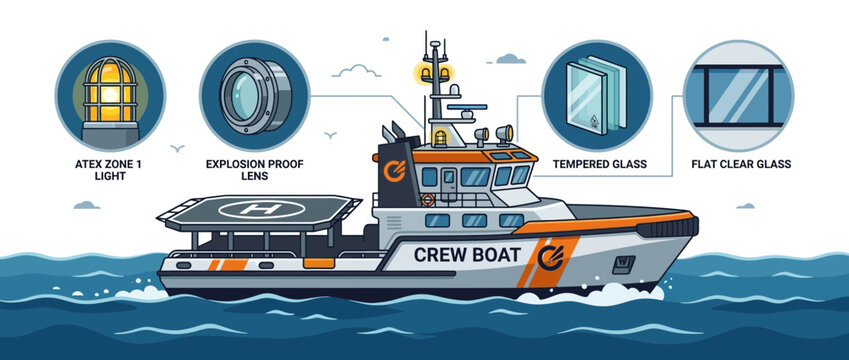 Crew Boat Illustration with Technical Details: ATEX Light, Explosion Proof Lens, Tempered & Flat Glass