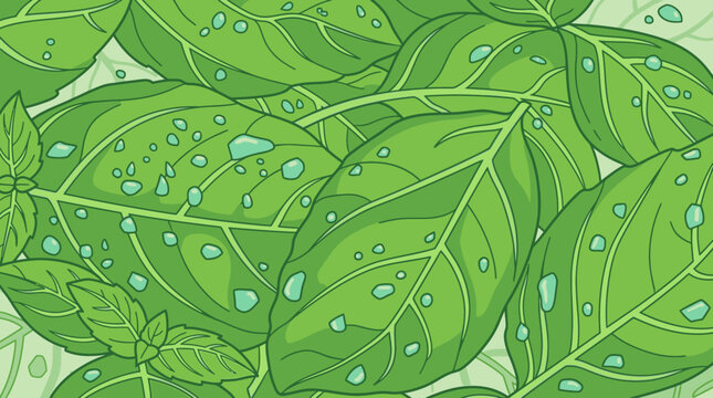 Illustrazione vettoriale di un motivo naturale con foglie di basilico verde fresco decorate con gocce di rugiada cristallina per un design culinario vivace e salutare