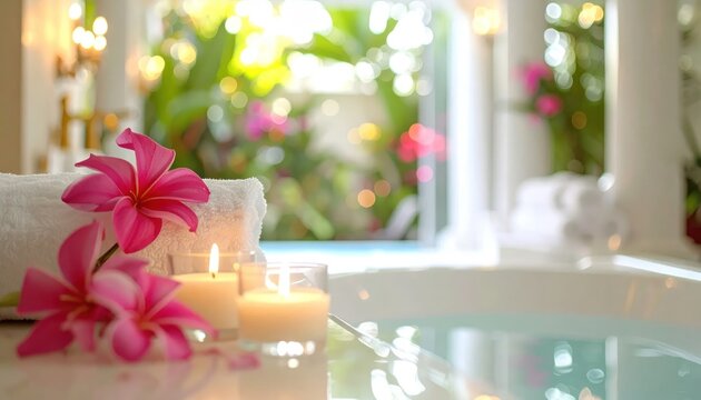 Relaxing spa bath with candles flowers.