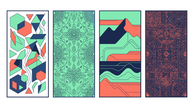 Set di quattro banner verticali con motivi geometrici astratti, design mandala floreale, paesaggi stilizzati e trame intricate in una palette di colori moderna e vibrante.