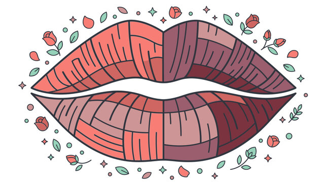 Illustrazione vettoriale stilizzata di labbra femminili decorate con un motivo geometrico a mosaico e circondate da piccole rose e foglie delicate su sfondo bianco pulito