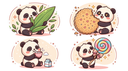 Fototapeta premium Set of cute cartoon pandas eating snacks and treats.