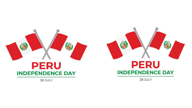 Peru Independence Day celebration vector, crossed Peruvian national flags with coat of arms, 28 July patriotic holiday graphic isolated on White Background