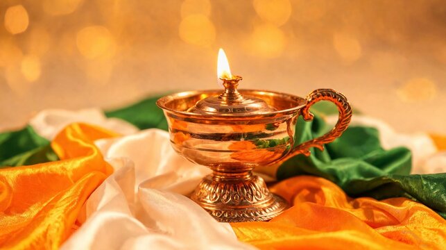 Traditional brass oil lamp glowing brightly against a backdrop of colorful silk Indian flag fabric