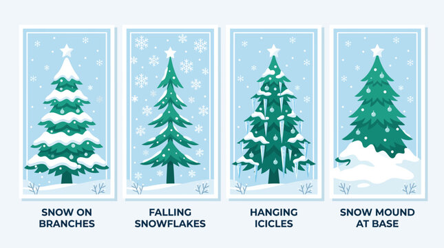 Set of four different styles of decorated winter Christmas trees with snow effects.