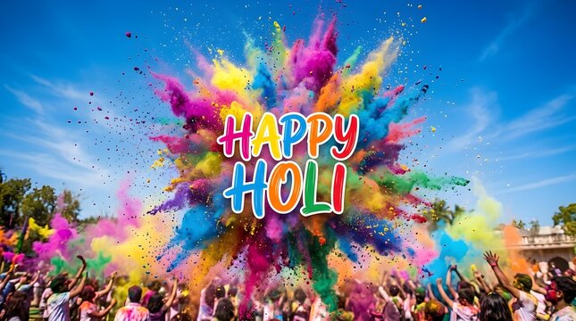 Vibrant explosion of colorful powder during the traditional Indian Holi festival celebration featuring bright clouds of pigment against a clear blue sky in high resolution detail