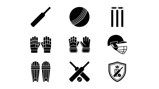 Cricket equipment icon set with black bat ball and wicket vector illustration isolated on white background