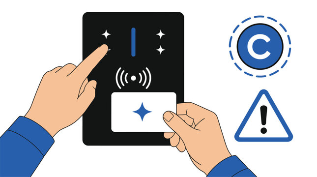 hands interacting with smart card reader and wireless symbols
