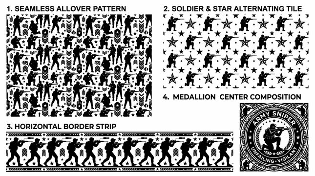 Military soldier themed seamless pattern and medallion vector set.
