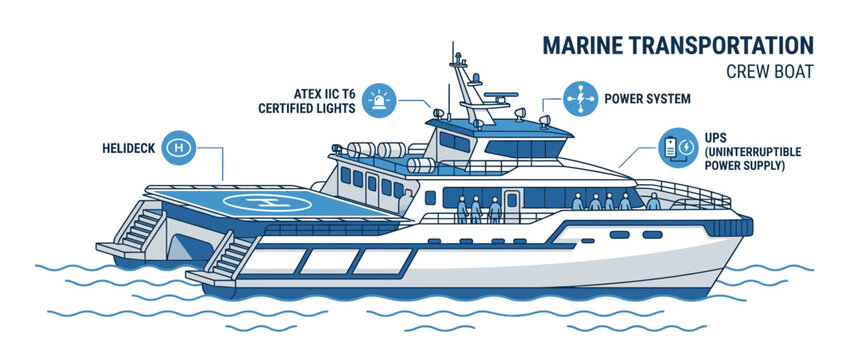 Crew Boat Illustration: Marine Transportation with Helideck, Power System, UPS, and ATEX Lights