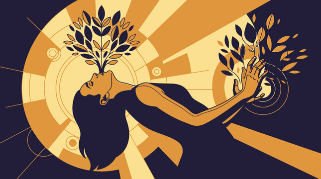 Artystyczna ilustracja przedstawiająca kobietę w harmonii z naturą, z kt&oacute;rej ust i dłoni wyrastają drzewa, symbolizująca duchowe połączenie, spok&oacute;j oraz odrodzenie w stylu graficznym.