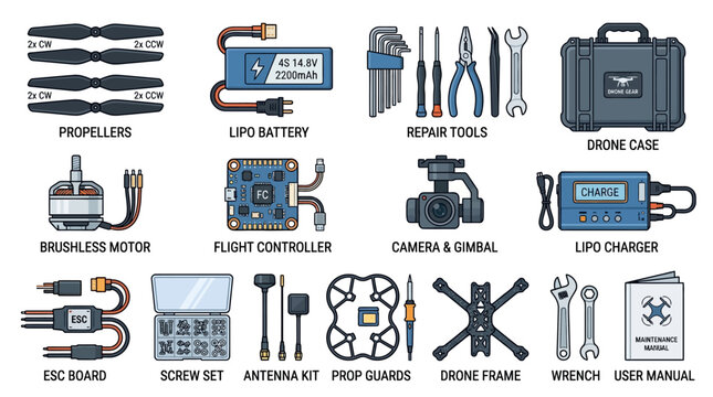 Drone components and repair tools are organized on a table for maintenance.