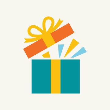 A colorful flat illustration of an open gift box with a festive bow
