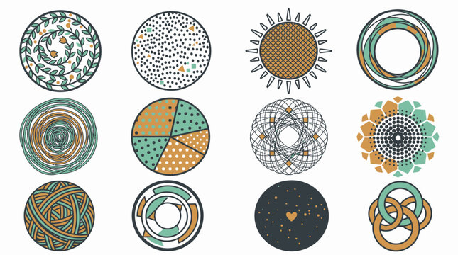 Set di dodici icone circolari decorative con motivi geometrici, floreali e astratti disegnati a mano in stile moderno su sfondo bianco per progetti grafici e design creativo