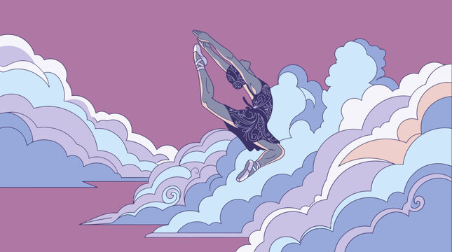 雲の間を優雅に舞うバレリーナを描いた美しいイラストレーション。紫色の空とパステルカラーの雲を背景に、バレエのポーズをとるダンサーの姿が幻想的で芸術的な雰囲気を感じさせる、デジタルアート作品。