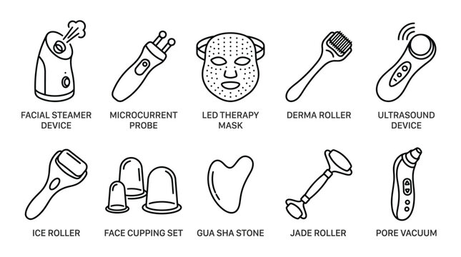 Set of beauty skincare tool icons for professional facial treatment.
