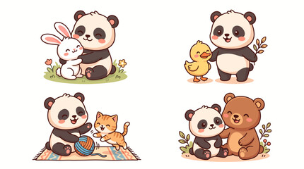 Obraz premium Cute Panda Friends Set with Bunny Duck Cat and Bear.