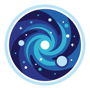 A stylized circular illustration of a blue spiral in outer space
