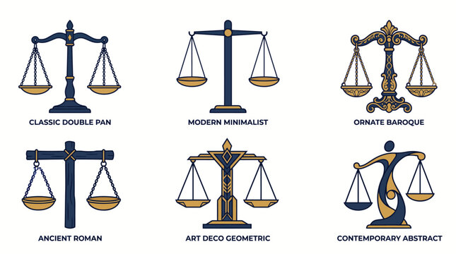 Collection of various vintage and modern scales of justice icons.