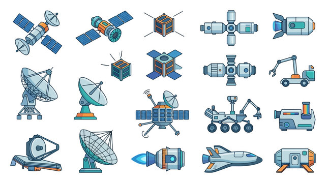 A collection of various spacecraft and satellite illustrations displayed.