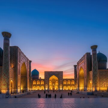 Registan Square Uzbekistan at Sunset with Historic Mosques.