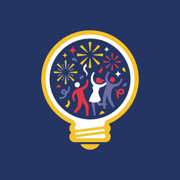 Stylized people dancing and celebrating inside a glowing lightbulb