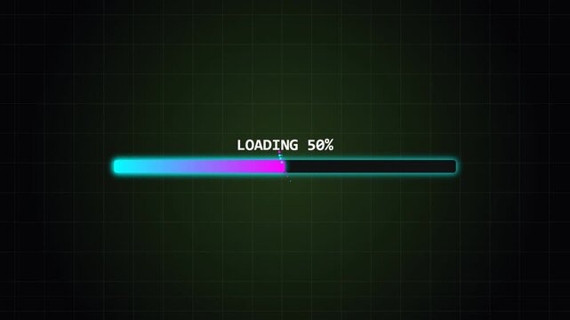 Digital loading progress bar animation displays progress on a dark grid screen.