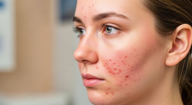 Close up portrait of woman with acne on her face.