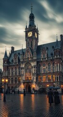 Fototapeta premium Historic Gothic Town Hall Illuminated at Dusk in City Square.