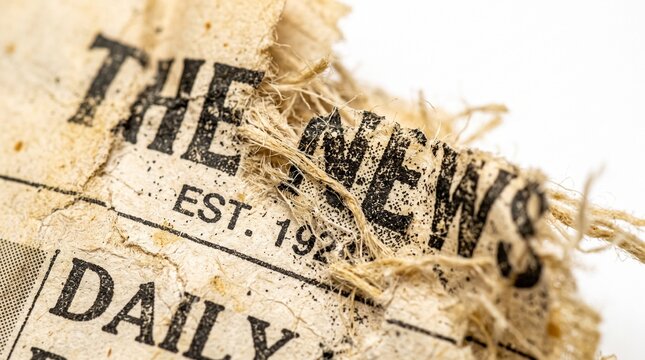 Vintage newspaper masthead with torn edges, antique daily news paper texture, weathered historical document on white background