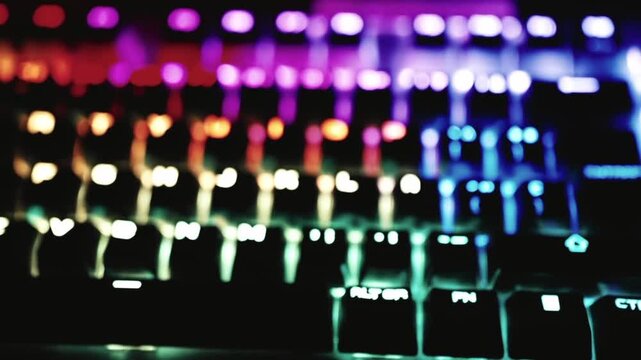 The video begins with a sharp focus on the keyboard's letter keys emitting dynamic, multicolored light, then slowly transitions into a soft, aesthetic bokeh (blur) effect.