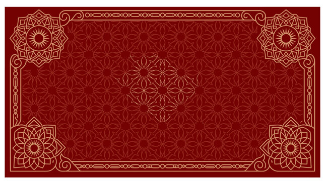 Eleganckie tło w kolorze głębokiej czerwieni z ozdobnymi złotymi wzorami geometrycznymi i mandalami w rogach, idealne jako luksusowa ramka lub zaproszenie na specjalne okazje.