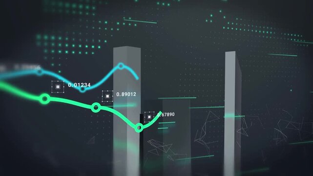 A gray 3D bar chart featuring glowing green and blue trend lines. It incorporates dynamic decimal value indicators, a plexus network effect, and digital HUD elements.