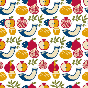 Seamless pattern with Rosh Hashanah symbols like shofar, pomegranate and honey